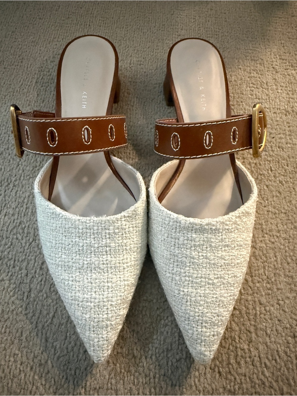 Charles & Keith Cream Tweed Pointed-Toe Mules with Brown Strap